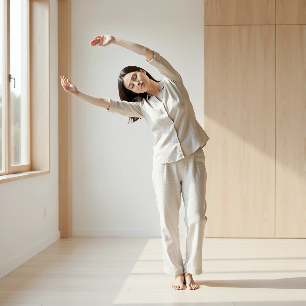 Persona realizando estiramientos suaves en un entorno luminoso